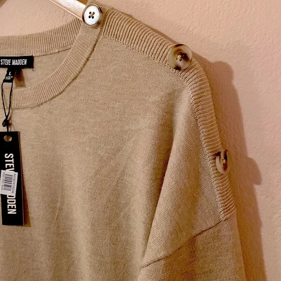 Steve Madden Button Shoulder long sleeve sweater dress oatmeal tan L NWT - Picture 7 of 13